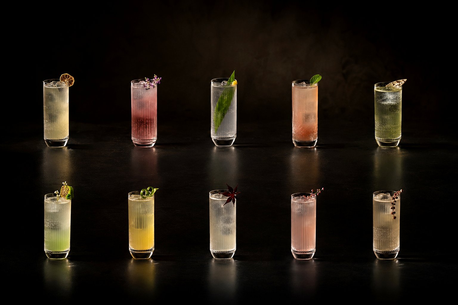 Ten highballs from the Founding Collection, arranged against black.